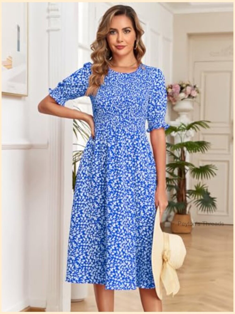 Casual Floral Midi Dress with Pockets Smocked Puff Sleeve - Picture 2 of 7